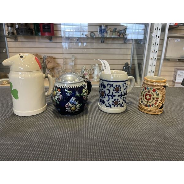 4 ANTIQUE STEINS INCLUDING WEST GERMAN CLOVER STEIN