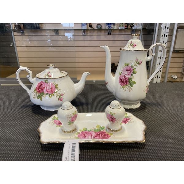 ANTIQUE ROYAL ALBERT AMERICAN BEAUTY SALT AND PPER, TRAY, AND COFFE POIT AND TEAPOT