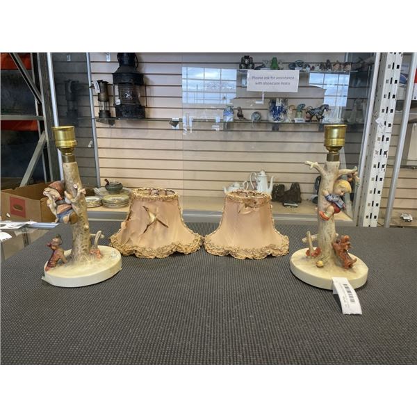 PAIR OF ANTIQUE GOEBEL LAMPS WITH ORIGINAL SHADES, SHADES ARE IN ROUGH CONDITION, LAMPS ARE PERFECT