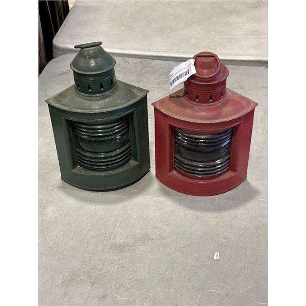 2 ANTIQUE RAIL ROAD LANTERNS, CORNER STYLE WITH ORIGINAL GLASS