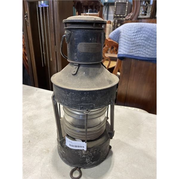 LARGE ANTIQUE SHIPS LANTERN, 19 INCH TALL WITH ORIGINAL CORNING GLASS