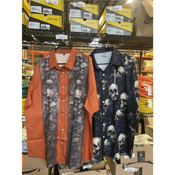 2 SKULL XXL BUTTON UP SHIRTS, AND 6 RINGS