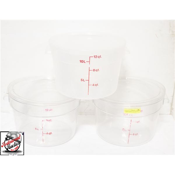 THREE CAMBRO 12 QUART ROUND FOOD STORAGE BINS W/