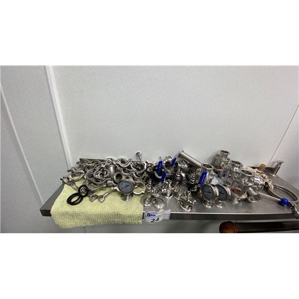 LARGE GROUP OF STAINLESS STEEL FITTINGS, VALVES, COUPLINGS, GAUGES, ETC.