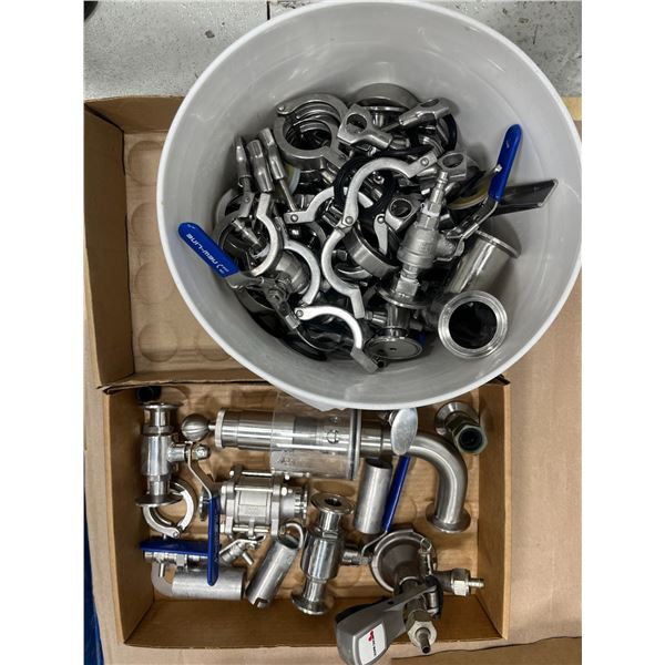 GROUP OF TRI CLAMP FITTINGS AND STAINLESS VALVES, COUPLERS, AND TRANSFER FITTINGS