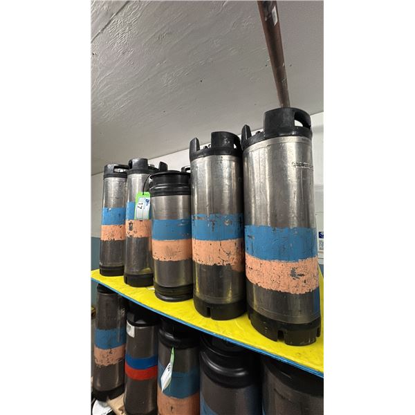GROUP OF APPROX 21 SHORT AND TALL KEGS. TALL (16) SHORT (5)
