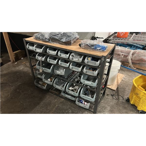 RACK WITH PARTS BINS, COMPLETE WITH ASSORTMENT OF BREWERY PARTS & FITTINGS, RUBBER GLOVES