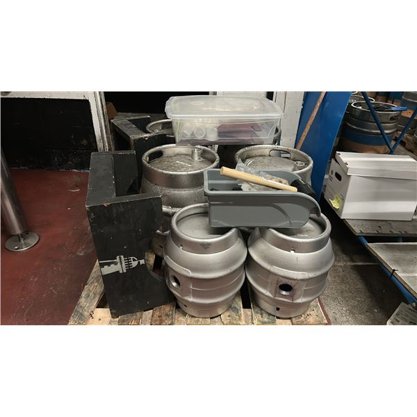 PALLET WITH 4X 40L CASKS, 2 X 20L FIRKIN, 2 STANDS, ASSORTED RELATED COMPONENTS MALLET SPILES,