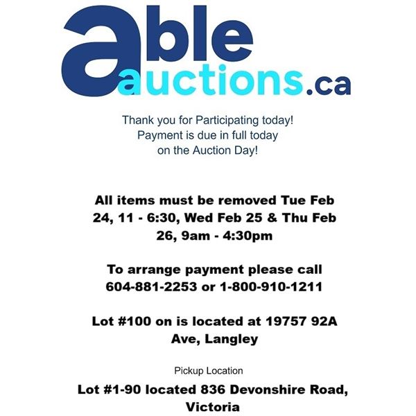 All items must be removed Tue Feb 24, 11 - 6:30, Wed Feb 25 & Thu Feb 26, 9am - 4:30pm