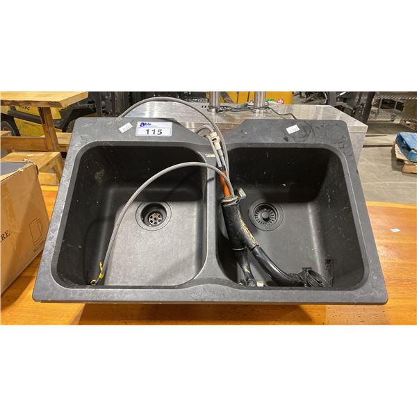 BLACK COMPOSITE DUAL WASH SINK WITH SPRAY FAUCET 31 1/2"W X 20 1/2"D X 10"H