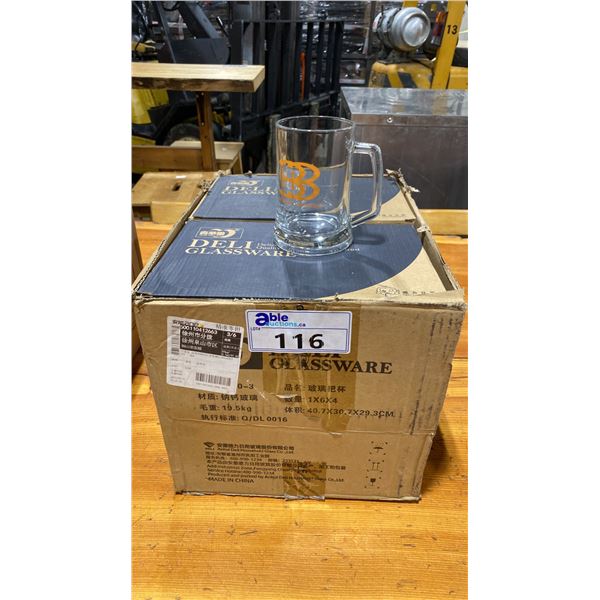 BOX OF BRAGGOT BREWING COMMERCIAL GLASS BEER MUGS