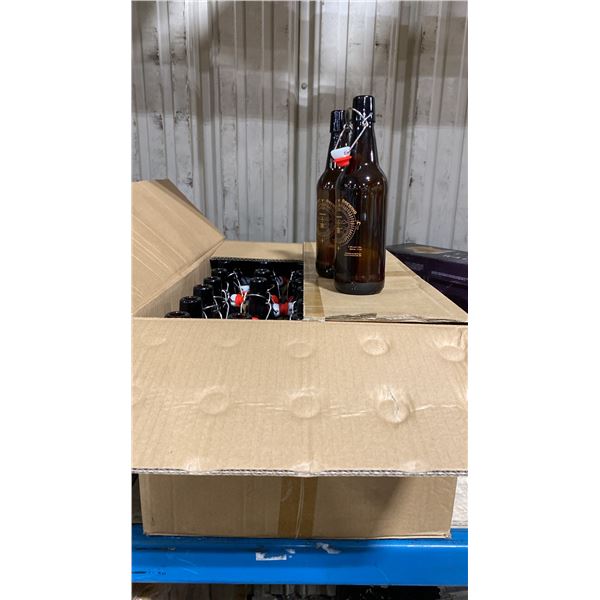 BOX OF FLIP TOP BROWN GLASS BRAGGOT BREWING 17 OZ BEER BOTTLES