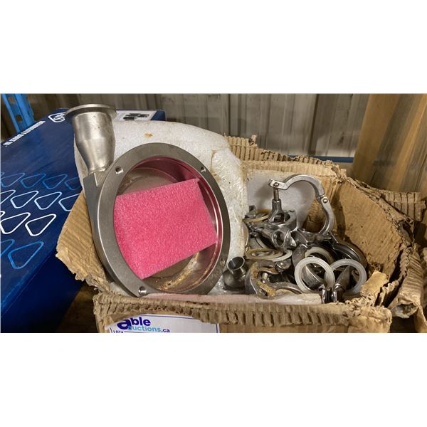 BOX OF COMMERCIAL STAINLESS STEEL C-CLAMPS & COMMERCIAL BREWERY PUMP REPLACEMENT FACE PLATE
