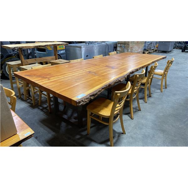 LIVE EDGE 132"L X 58"W X 31"H WOOD METAL BASE COMMERCIAL BREWERY TABLE WITH 8 NATURAL WOOD CHAIRS