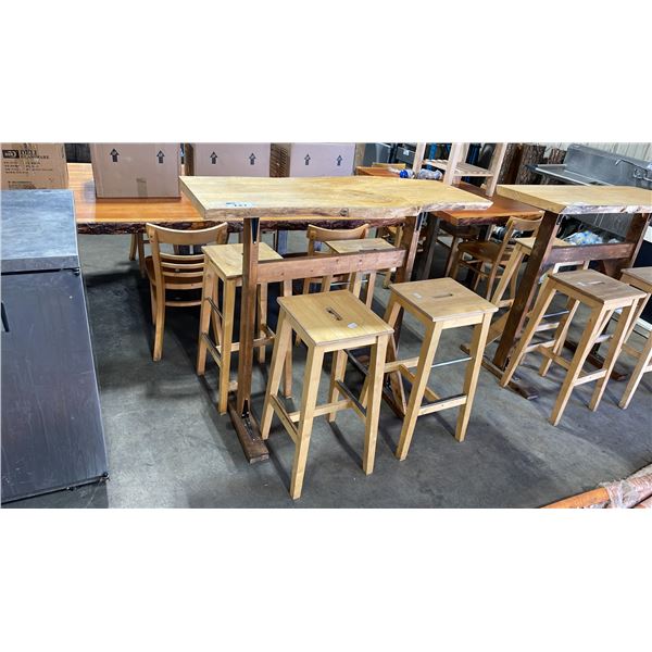 LIVE EDGE 50 1/2"L X 22"W X 44"H WOOD BASE COMMERCIAL BREWERY BAR HEIGHT TABLE WITH 4 NATURAL WOOD