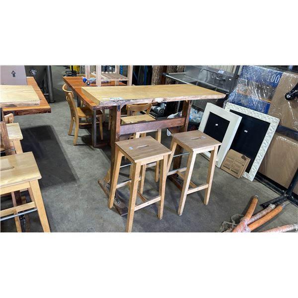 LIVE EDGE 50 1/2"L X 22"W X 44"H WOOD BASE COMMERCIAL BREWERY BAR HEIGHT TABLE WITH 3 NATURAL WOOD
