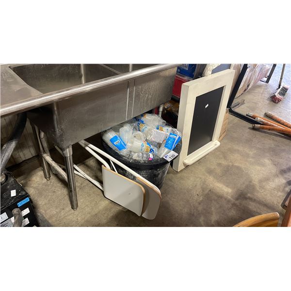 2 WHITE FRAMED MENU BLACKBOARDS, WHITE FOLDING BAR CHAIR, & PLASTIC TUB OF DISPOSABLE CUPS / WATER