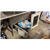 Image 1 : 2 WHITE FRAMED MENU BLACKBOARDS, WHITE FOLDING BAR CHAIR, & PLASTIC TUB OF DISPOSABLE CUPS / WATER