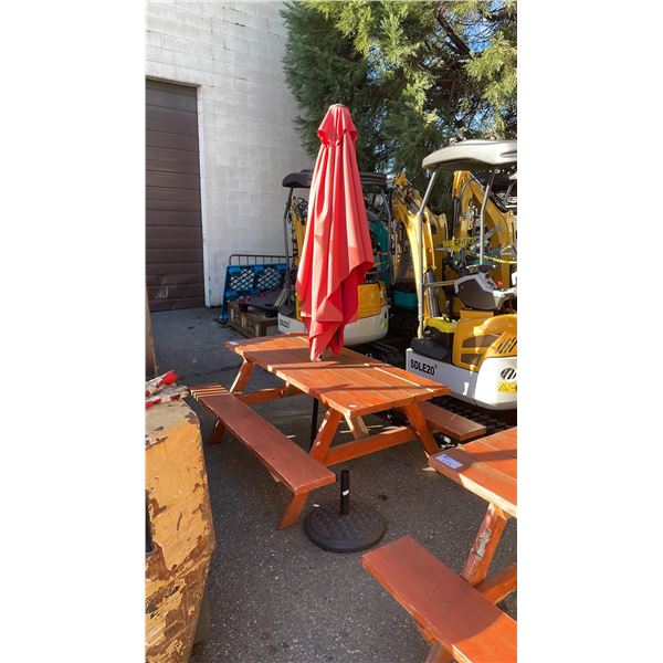 WOODEN BENCH SEAT 72"L X 54"W X 28"H OUTDOOR PICNIC TABLE WITH RED OUTDOOR SUN UMBRELLA & BASE