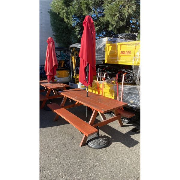 WOODEN BENCH SEAT 72"L X 54"W X 28"H OUTDOOR PICNIC TABLE WITH RED OUTDOOR SUN UMBRELLA & BASE