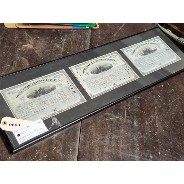 Vintage Framed Homestake Mining Share Certificates