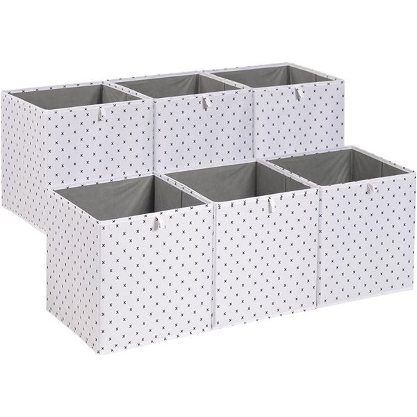 Amazon Basics Collapsible Fabric Storage Cube Organizer Bins - Pack of 6, White/Black Xs, 13x15x13"