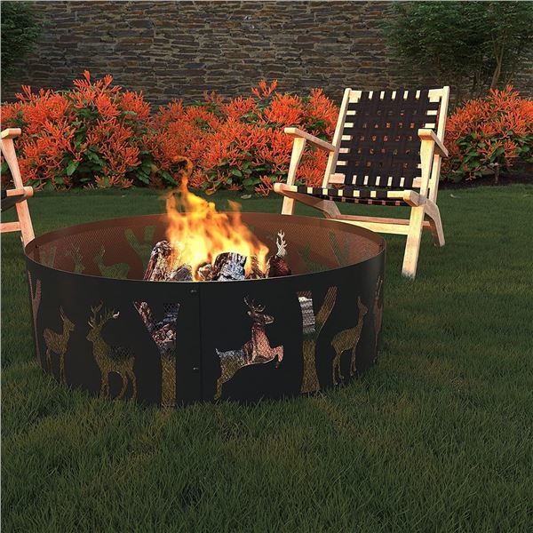 Amazon Basics Outdoor Round Steel Fire Ring - 36-Inch, White Tail Deer Design - B08RZN1S3G - Retail