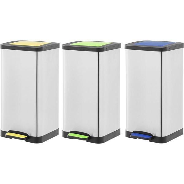 Amazon Basics set of 3 pedal recycling bins with soft-close lids, Yellow, Green, Blue, 3 x 15L - B07