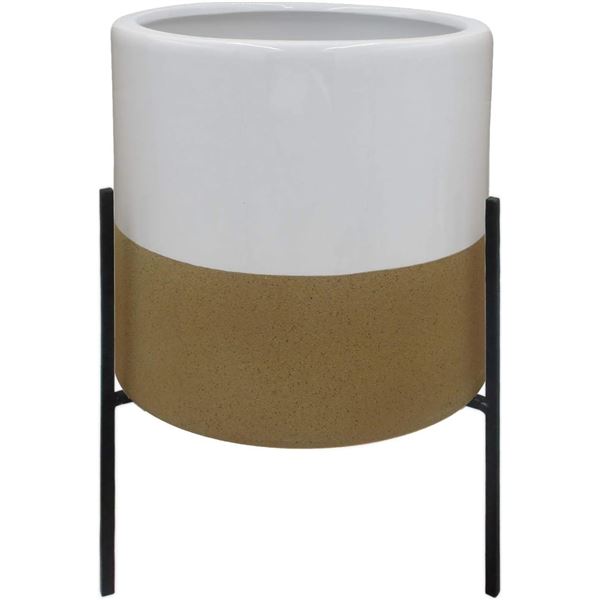 Rivet Mid-Century Ceramic Planter with Iron Stand, 17"H, White and Tan - B07QC6X16K - Retail USD $77