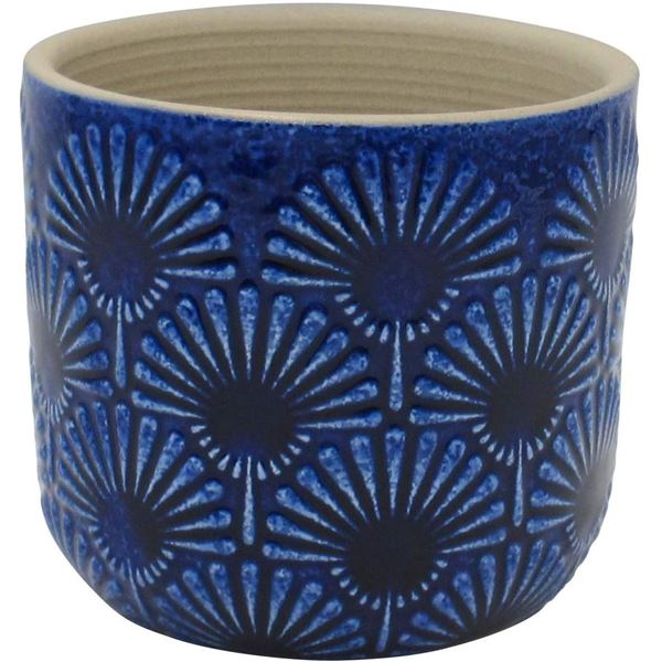 Amazon Brand ï¿½€“ Stone & Beam Cylindrical Small Fan-Embossed Planter, 4.3"H, Blu