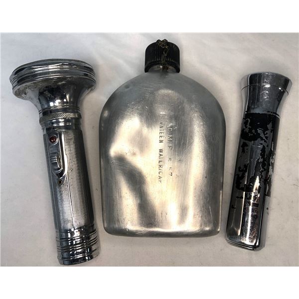Vintage Metal Flashlights & Canteen