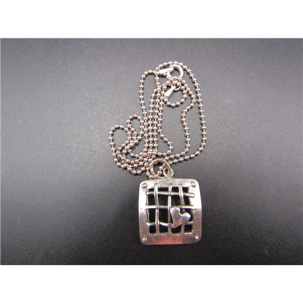 Sterling Silver Square Cage Pendant w/Small Heart on 18" Sterling Silver Chain