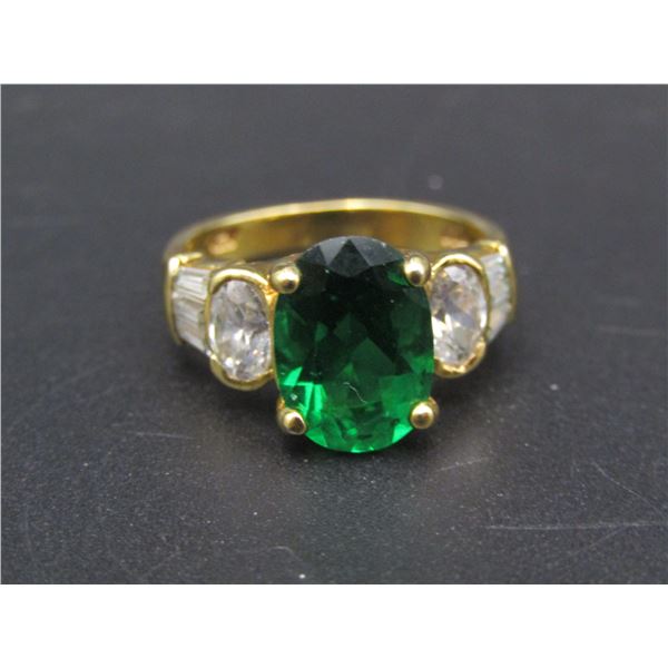 Beatufiul Vintage Gold Plated Sterling Silver Green Emerald, CZ 3 Stone Ring. Size 8