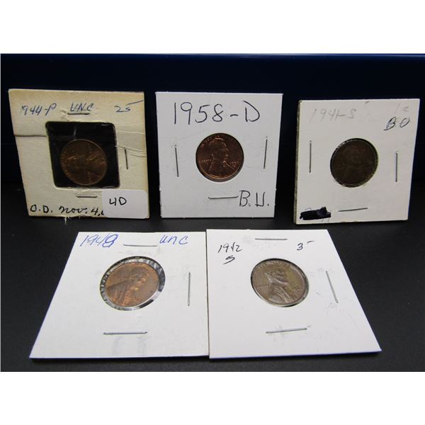 1941S, 1942S, 1944, 1948, 1958-D Lincoln Wheat Cents, High Grades!