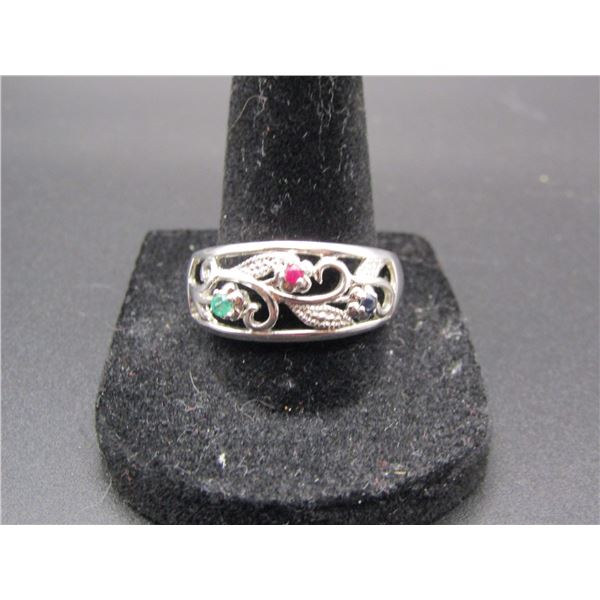 Vintage Sterling Silver Ruby, Sapphire, and Emerald Size 10 Ring