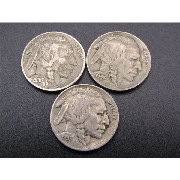 1934, 1935, 1936 Buffalo Nickels, 3 Year Set