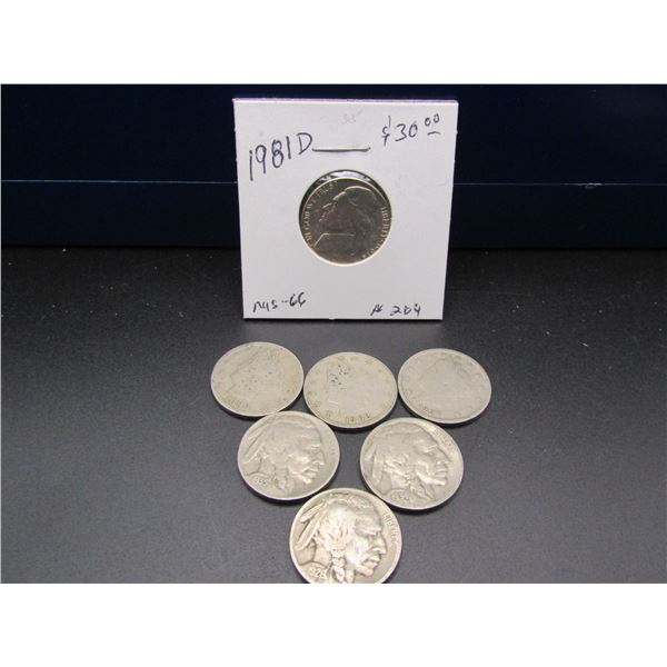 Nickel Lot; 1981-D GEM BU Jefferson Nickel, 1926, 1934, 1935 Buffalo Nickels, 1899, 1903, 1907 Liber
