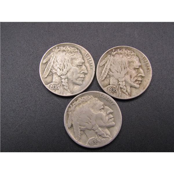 1936 P,D,S Buffalo Nickels, Mint Mark Set