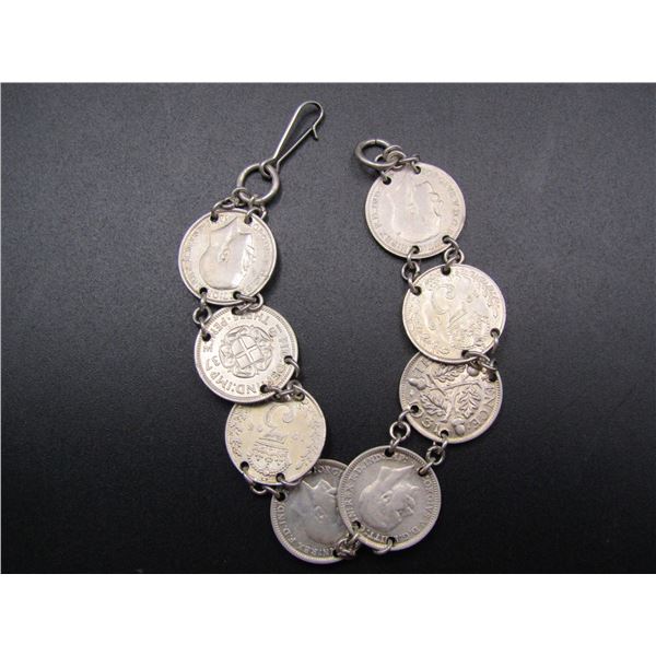 Vintage Sterling Silver Coin Link Bracelet, 8- Great Britain Silver 3 Pence Coins