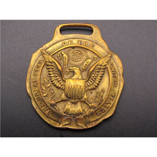 Vintage Gold Plated Bronze Medallion/Watch Fob - Featuring the Great Seal of The USA- Pipe the Piper