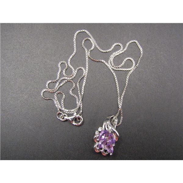 Sterling Silver Amethyst Cluster Pendant on Sterling Silver Chain Marked 925