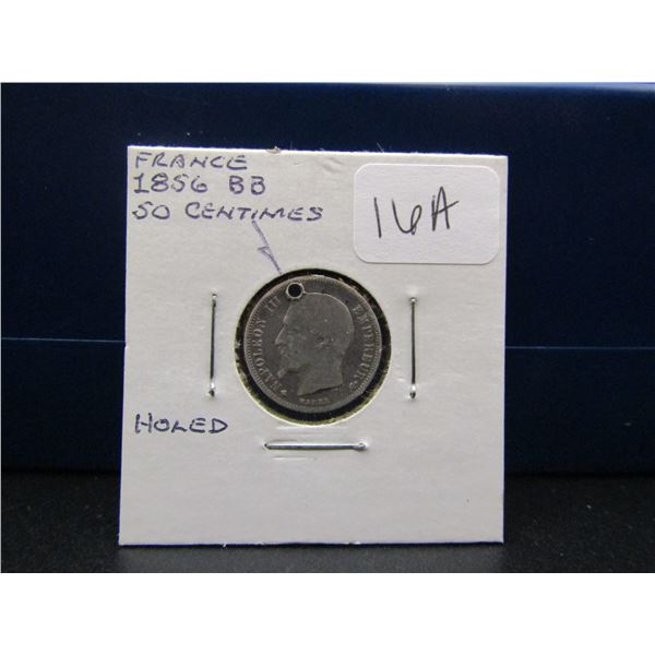1856 BB Silver France 50 Centimes, Holed
