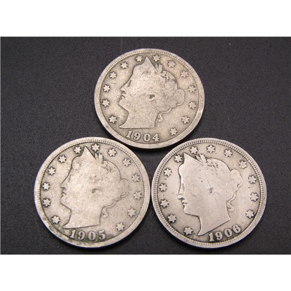 1904, 1905, 1906 Liberty Head V Nickels