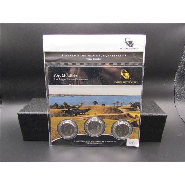2016 Fort Moultrie US Mint America The Beautiful 3 Coin Set. UNC P and D, Proof S Mint Marks