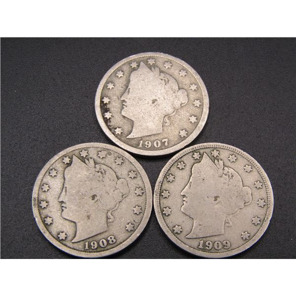 1907, 1908, 1909 Liberty Head V Nickels