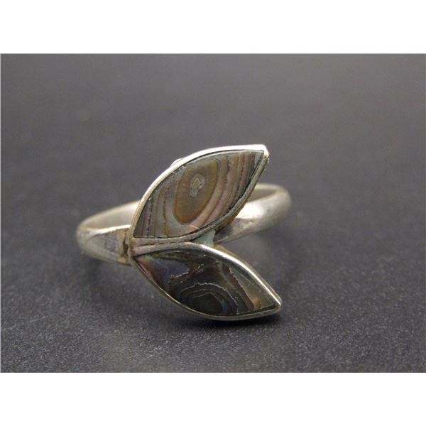Vintage Sterling Silver Tropical Abalone Leave Ring, Size 8