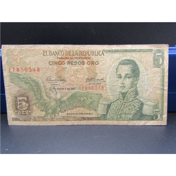 1961 Colombia 5 Peso Bank Note, Tough Find