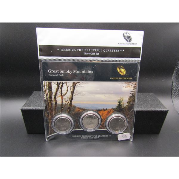 2014 Great Smokey Mountains  US Mint America The Beautiful 3 Coin Set. UNC P and D, Proof S Mint Mar