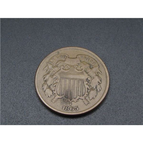 1865 Copper US 2 Cent Piece. Nice Strike and Details