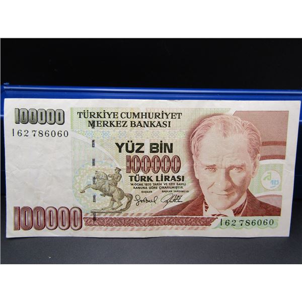 1970 Turkey 100000 Bank Note.
